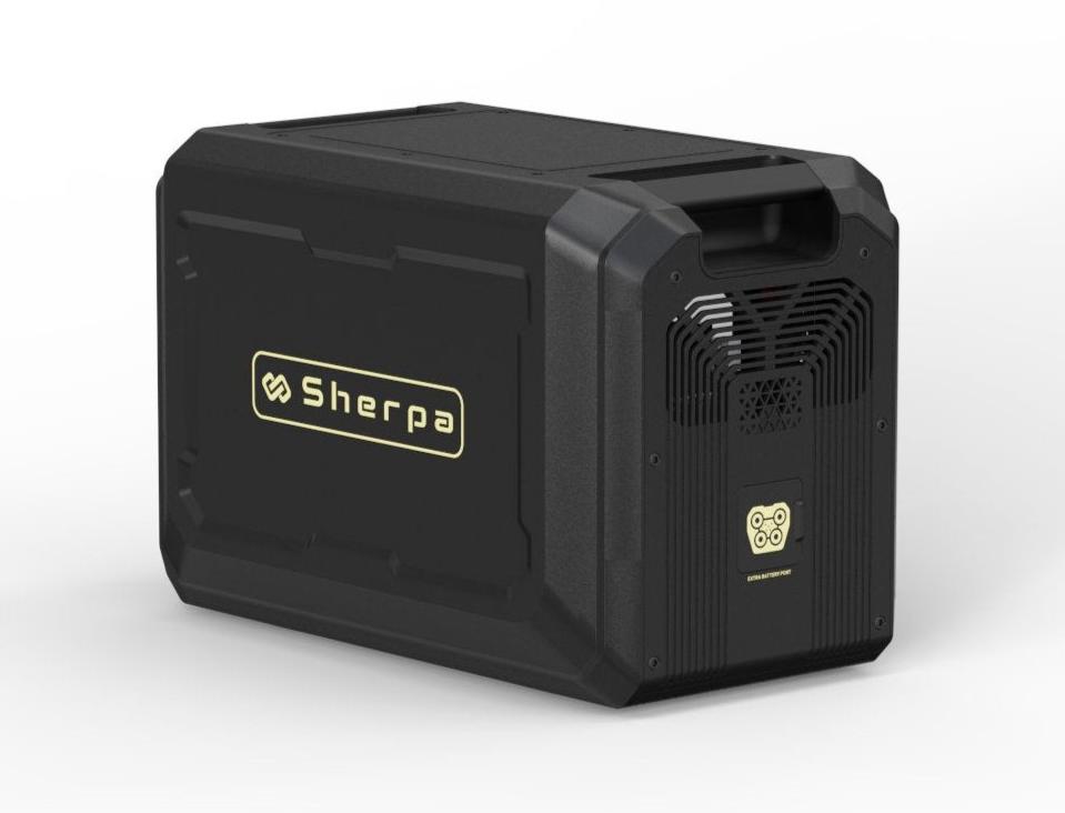 Right rear shot of portable power system with large gold Sherpa logo, featuring expansion port for expanding capacity