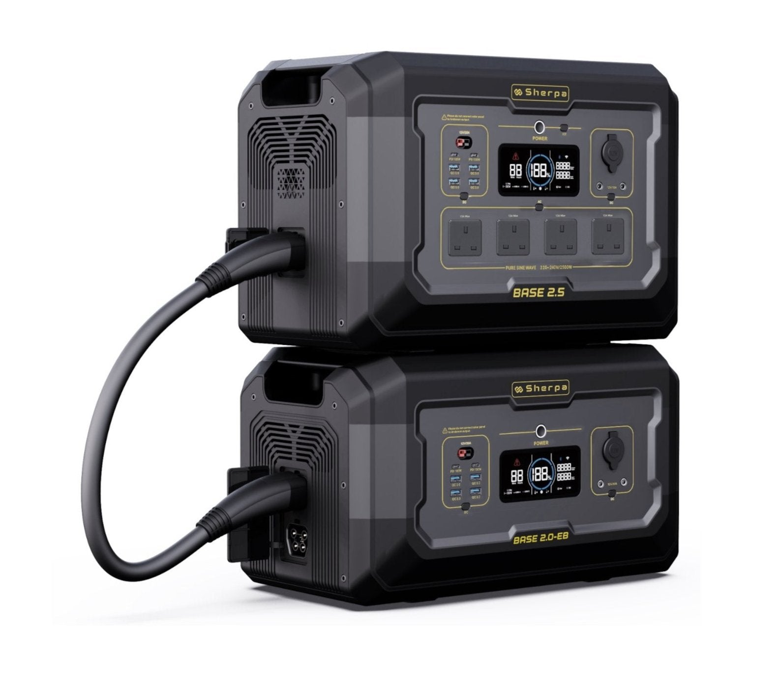 Right front view of cascaded power station and extra battery module with link cable inserted to expansion ports