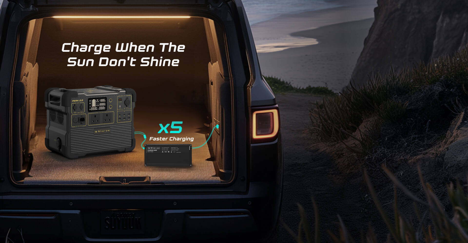 Portable power unit connected to a smart vehicle charge module sitting in the back of a car near the beach at sunset