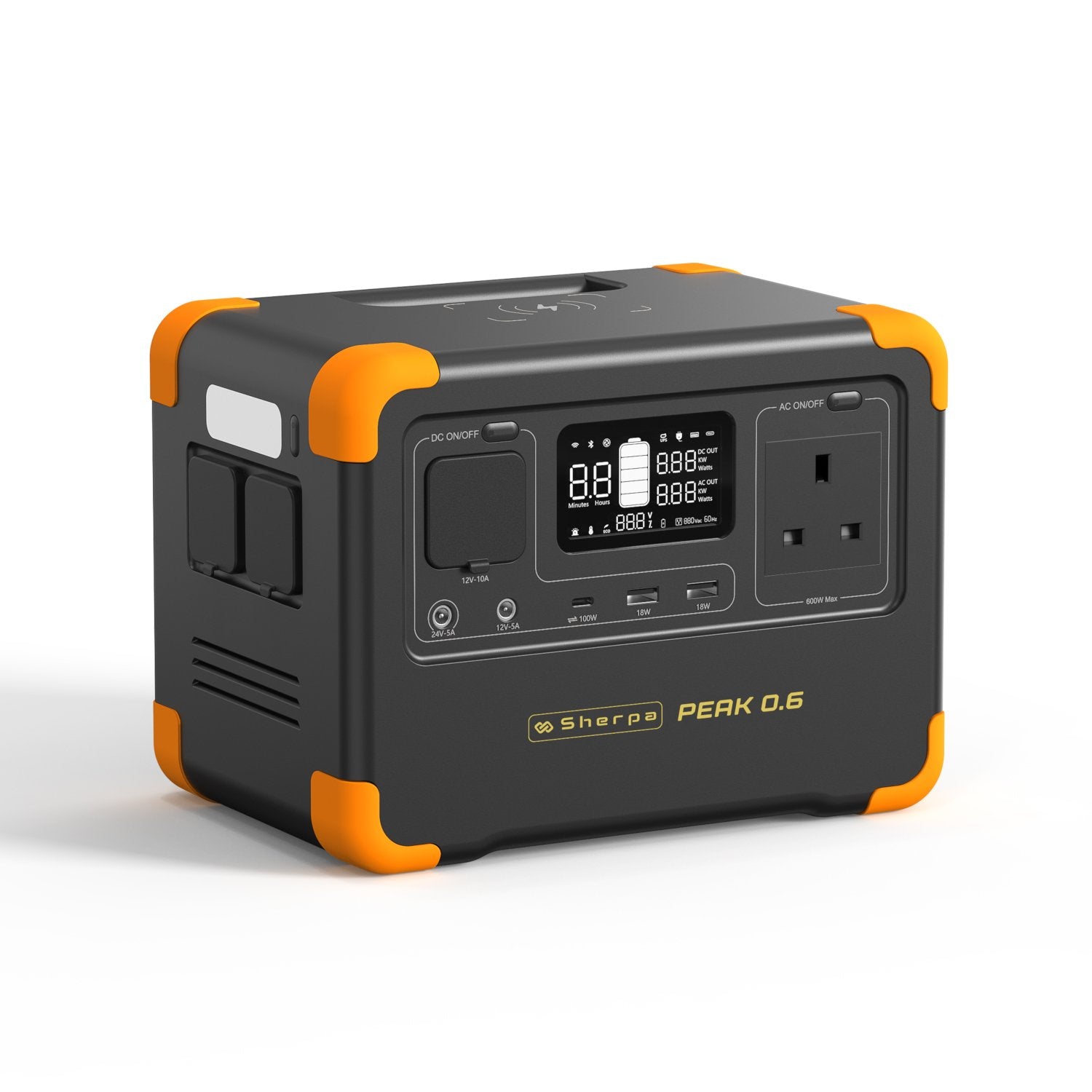 Front-right perspective of mini portable power station, featuring LED light, wireless charge pad, mains and DC outputs