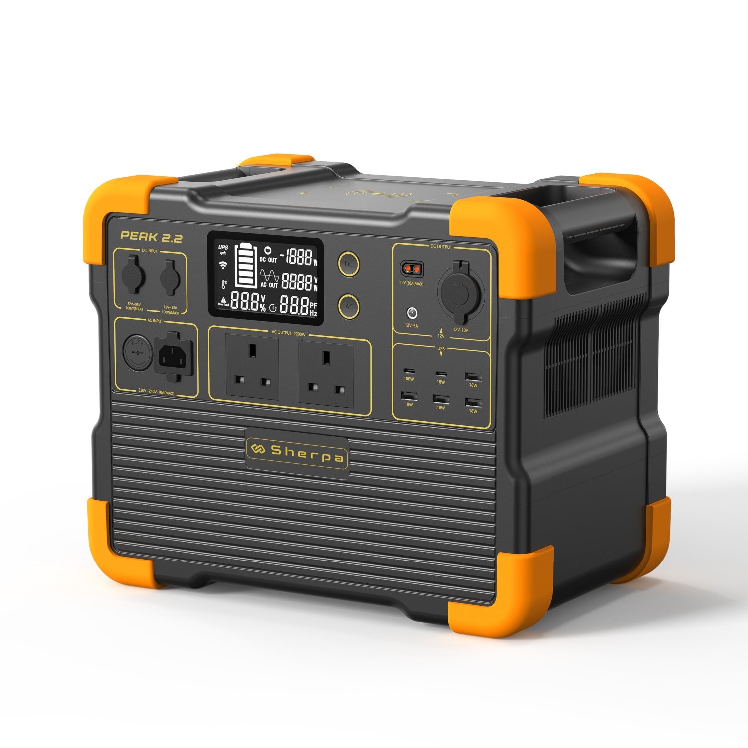 Front left view of integrated power station, featuring carry handles, vent, controls and multiple power output ports