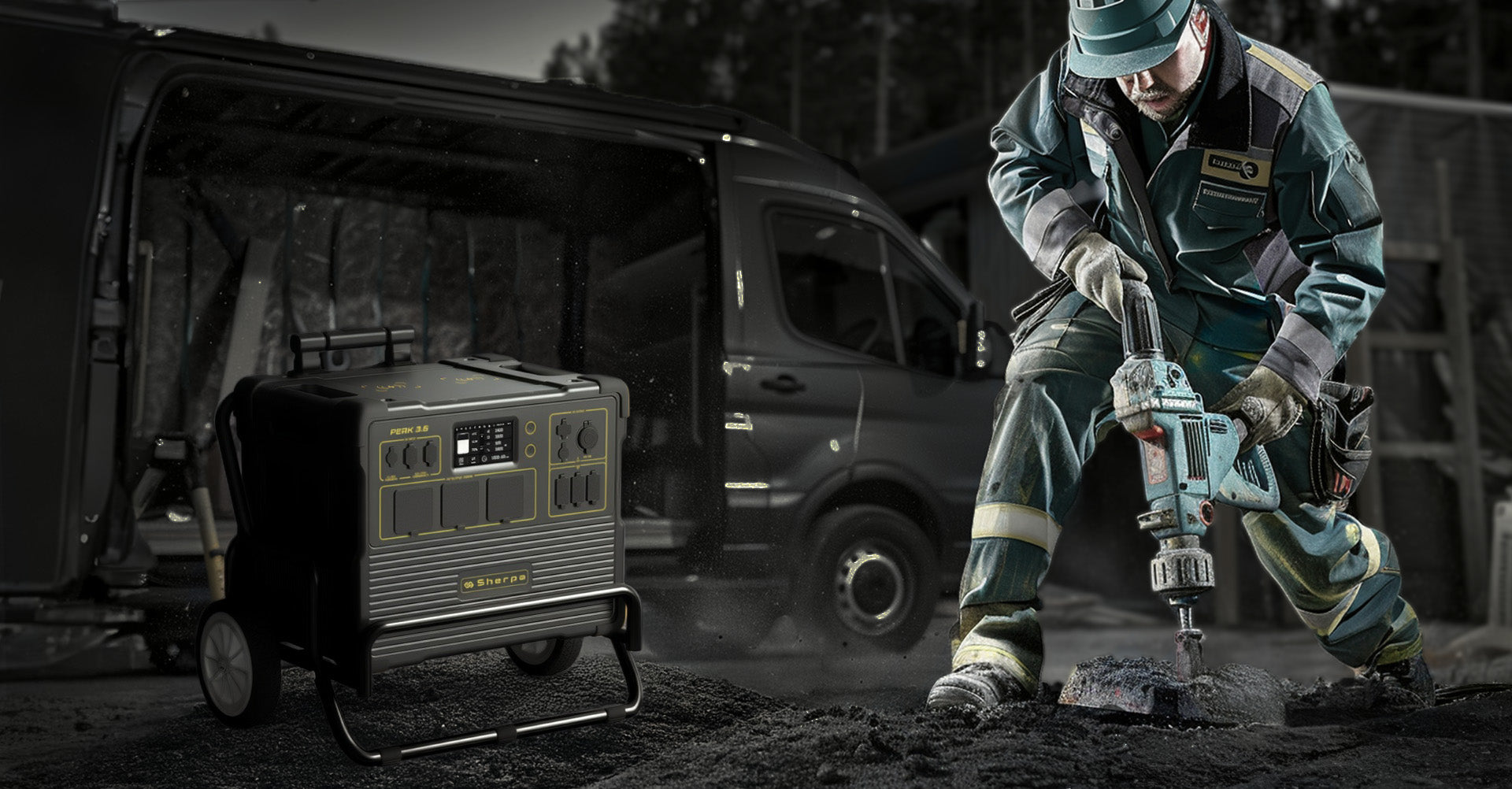 Person using a power drill near a portable generator with a van in the background