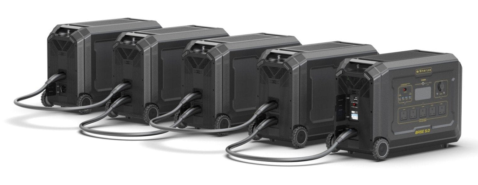 Right-front view of portable power host connected to four extra battery units by plug-and-play link cables