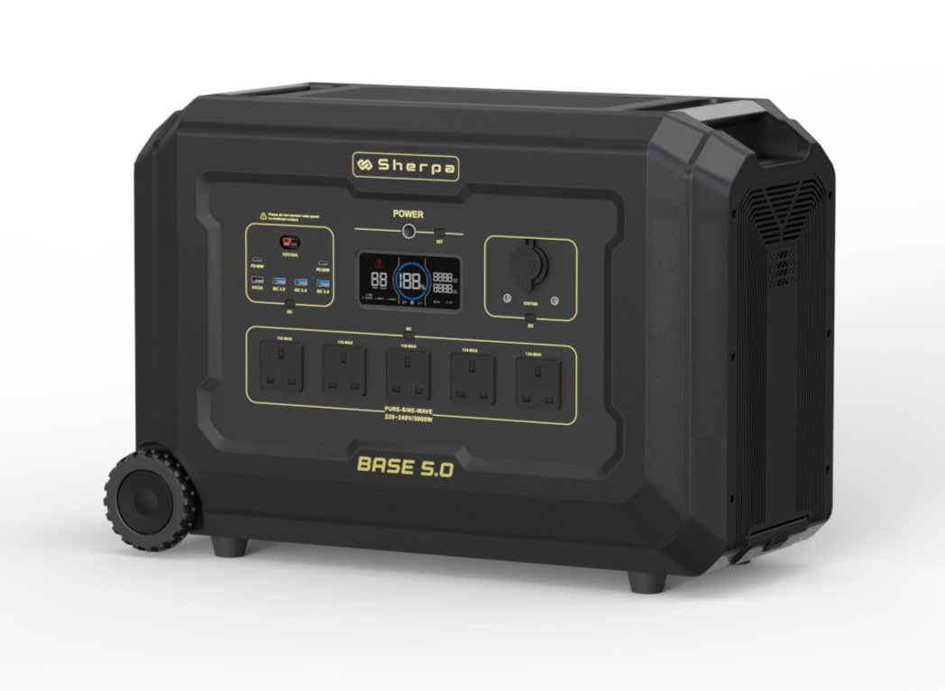 Front left angle of portable power station in black and gold featuring retractable pull handle, wheels and LED display