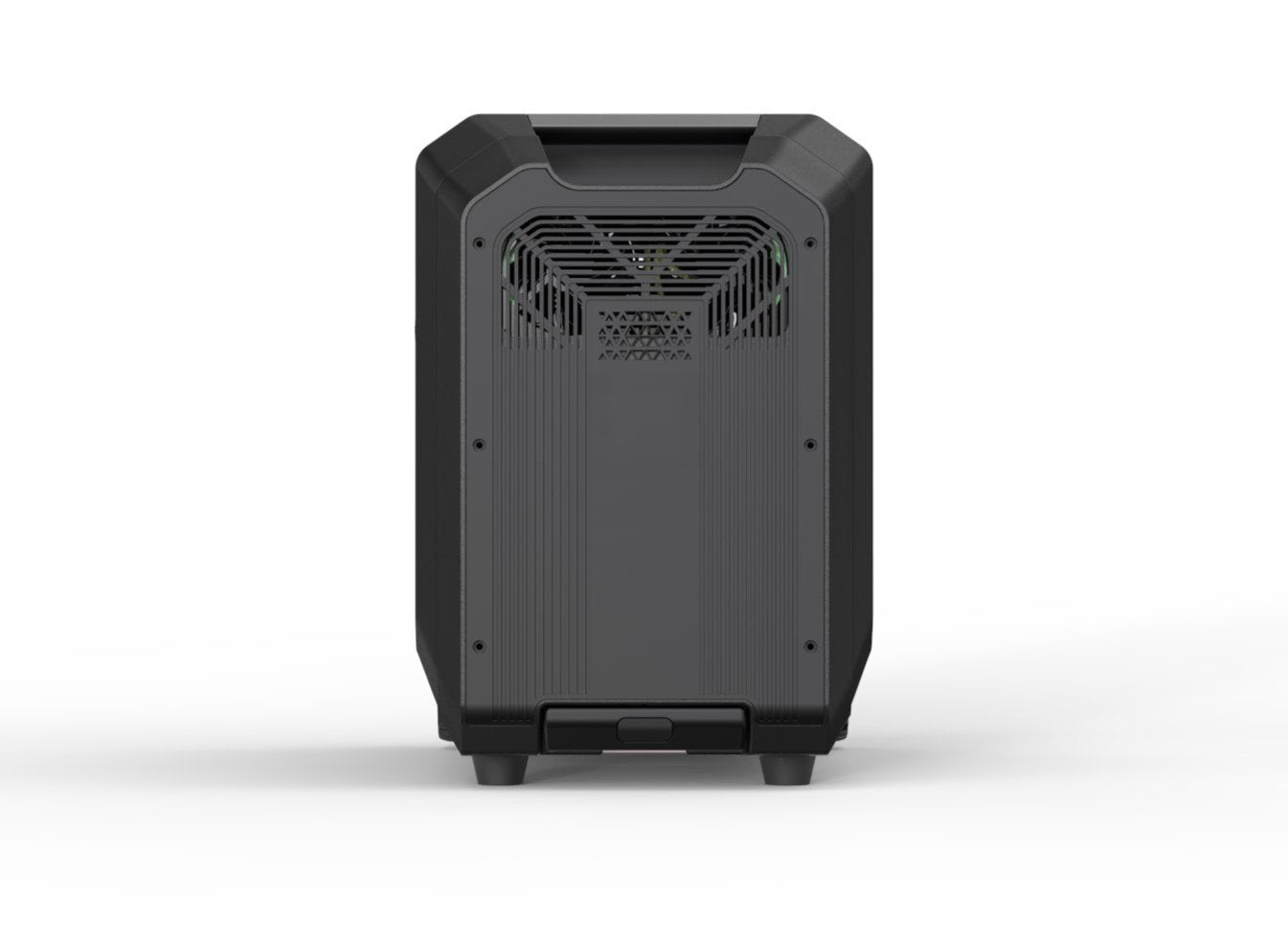 Left profile of portable power unit featuring retractable pull handle, fan vent and rubber feet