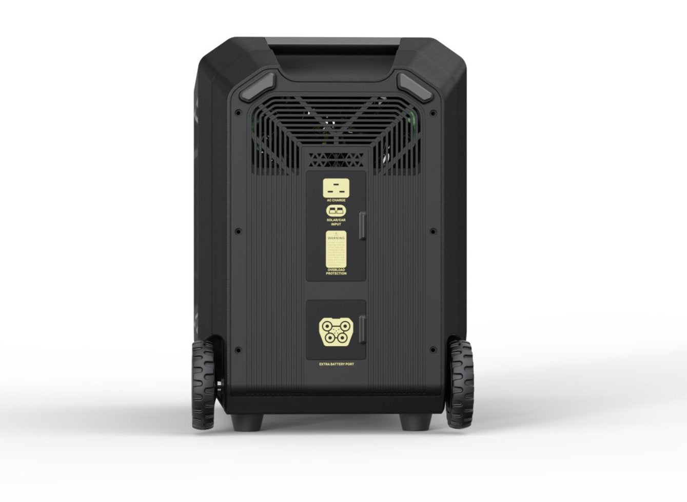 Right profile of mobile battery inverter generator, showing wheels, expansion port, safety trip RCD, AC and solar DC inputs