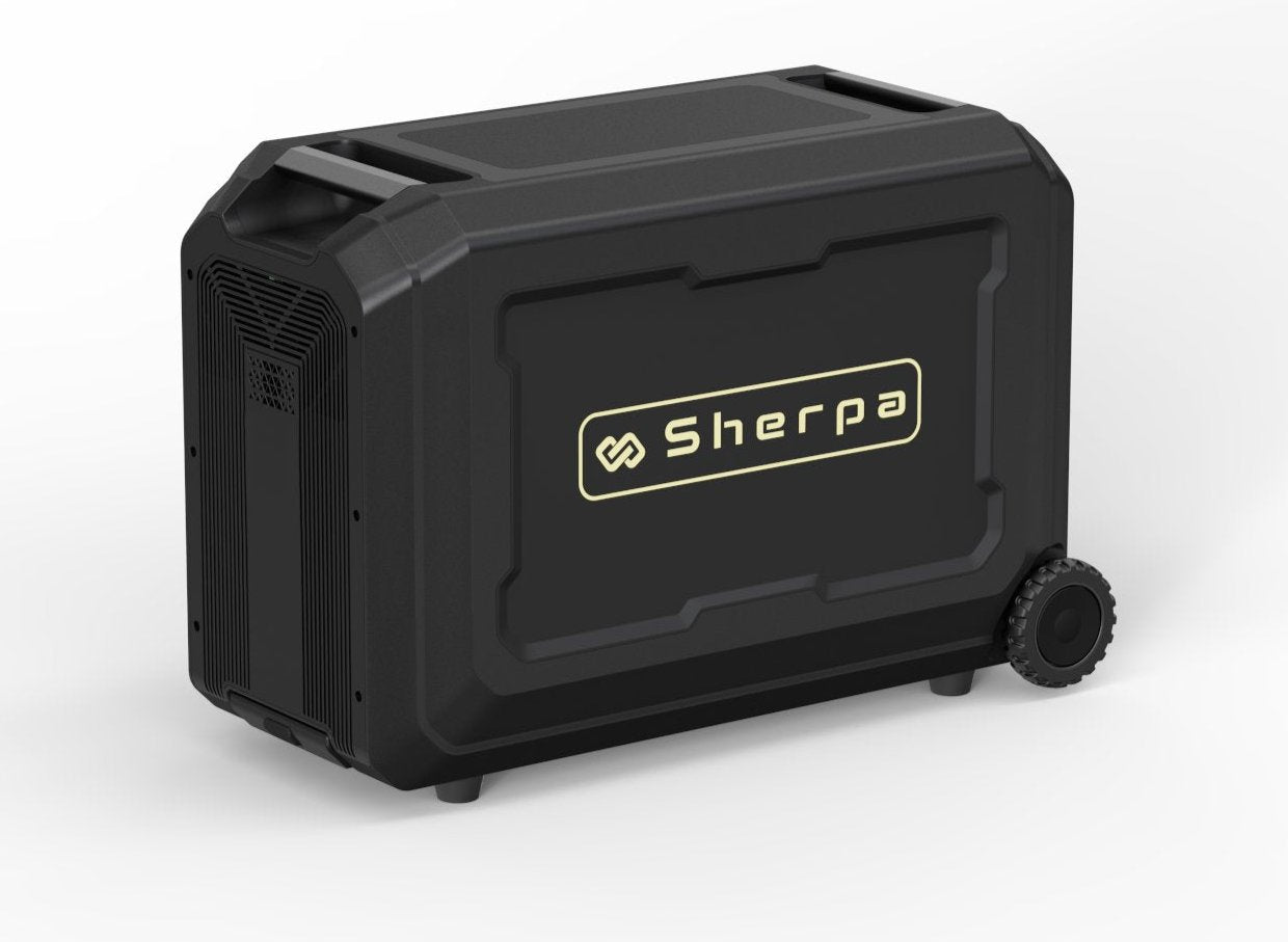 Left rear shot of power station with central gold Sherpa logo, featuring mobility wheels, rubber stands and carry handles