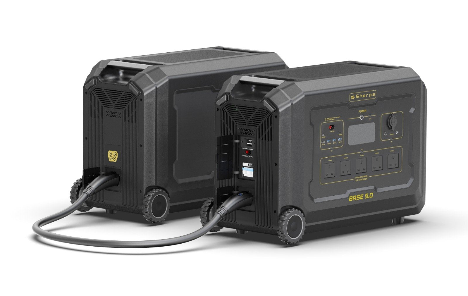 Cascaded host power unit and extra battery module with open cover revealing AC in and out protection trip switches
