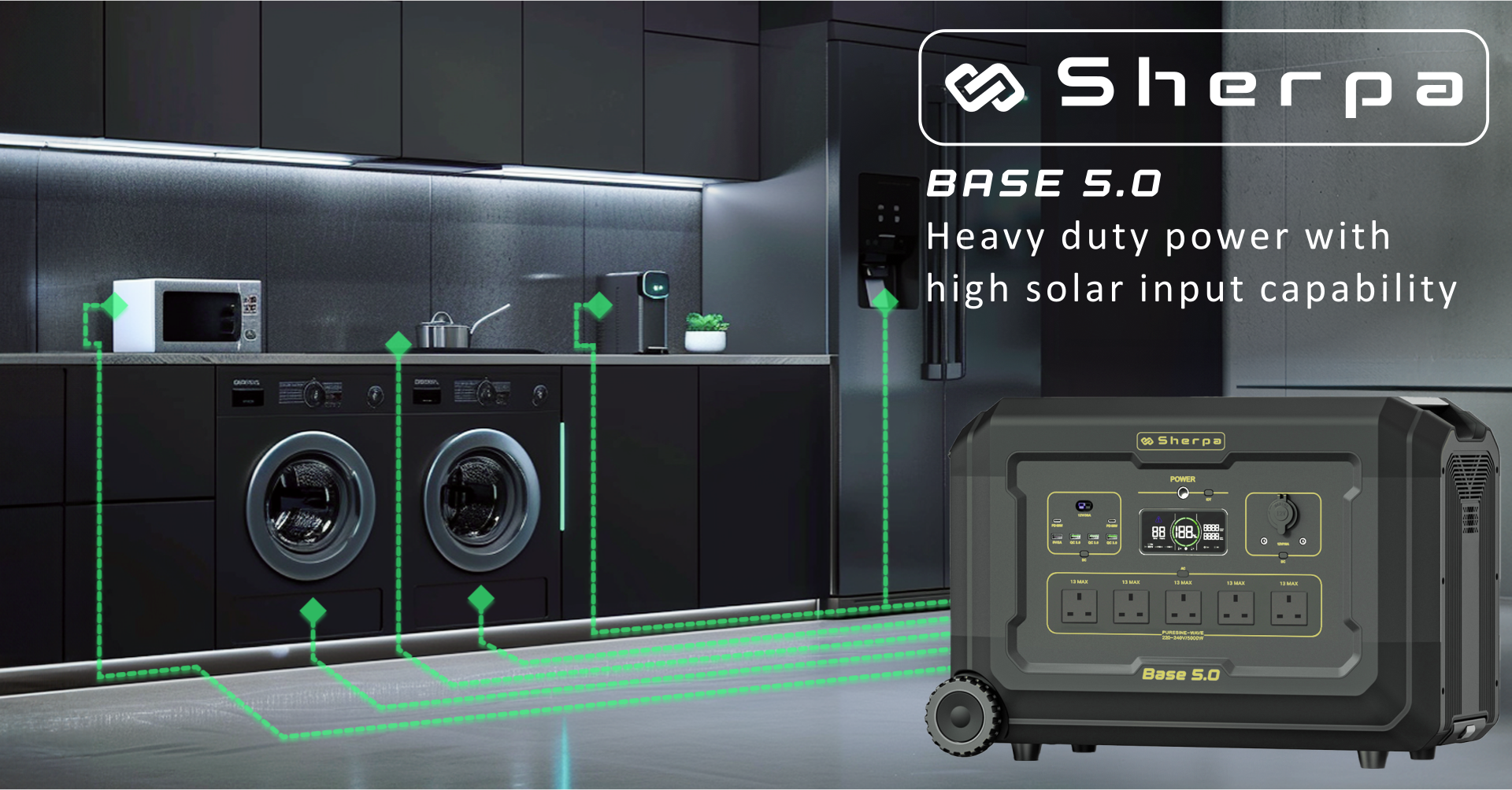 Portable power unit with glowing dotted lines coming from it, indicating power to multiple home appliances in the background