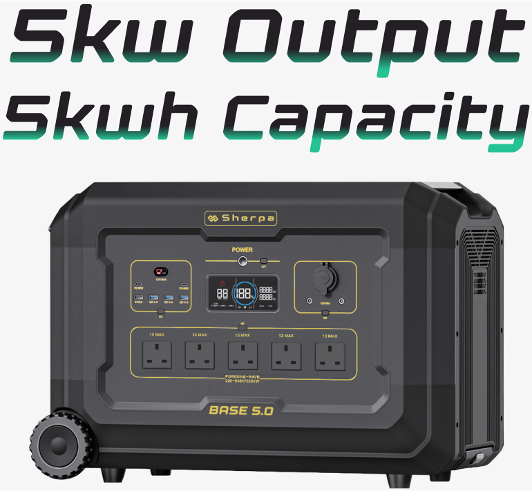 The BASE 5.0 front view with text above displaying 5kW output, 5kWh capacity