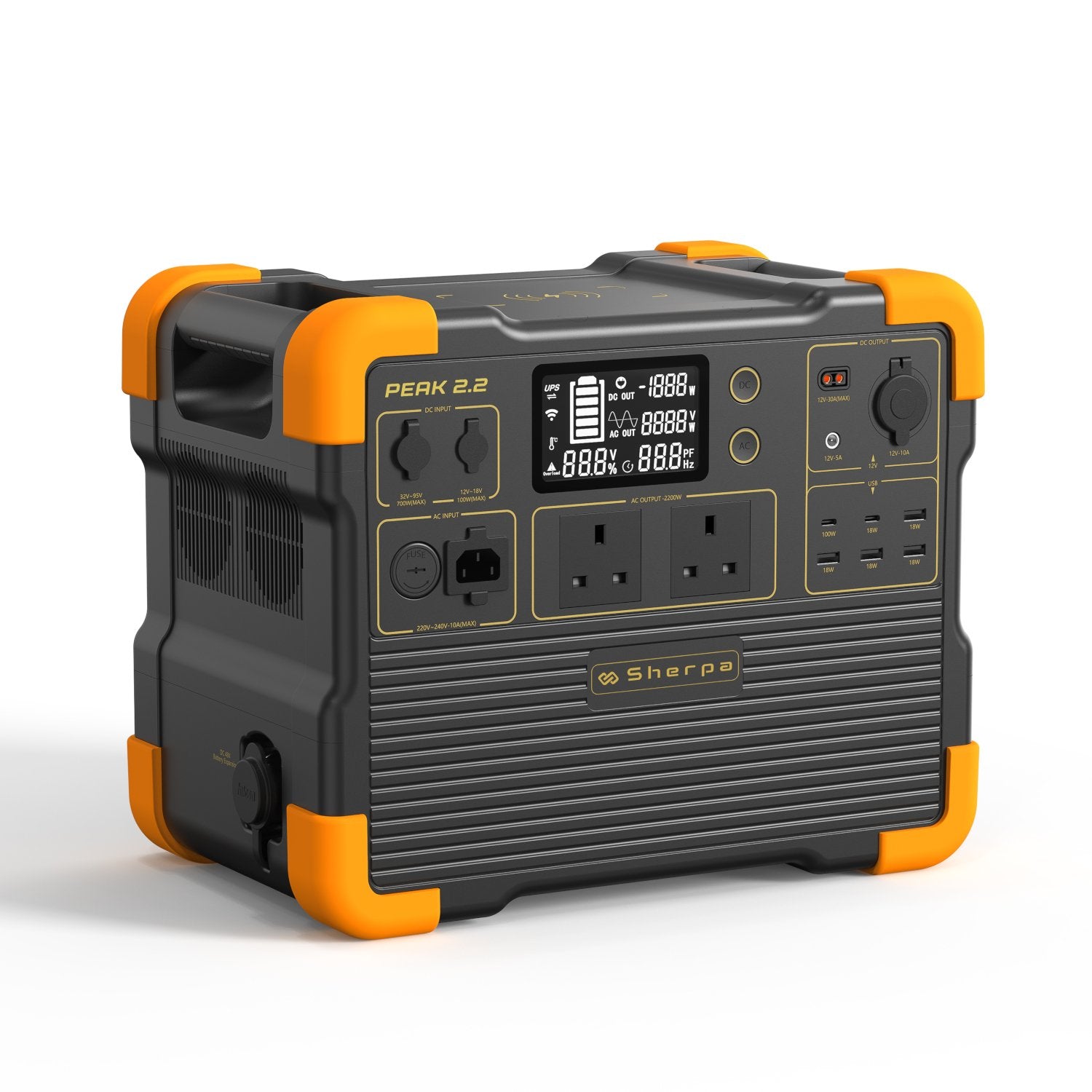 Front-right view of portable battery inverter, featuring capacity expansion port, protective corners, and wireless charge pad