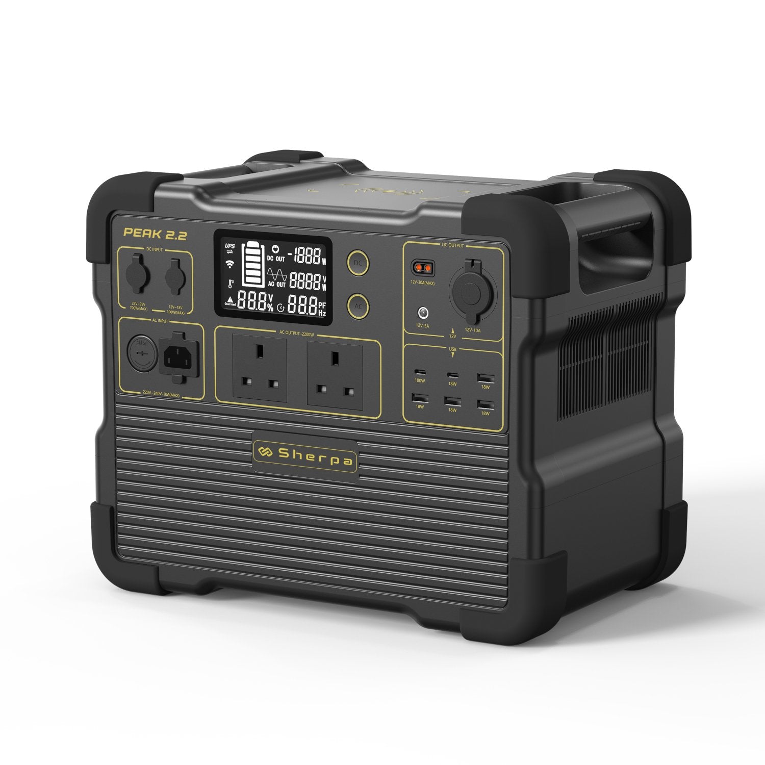Front left view of integrated solar battery generator, featuring LCD display screen, controls and multiple power output ports