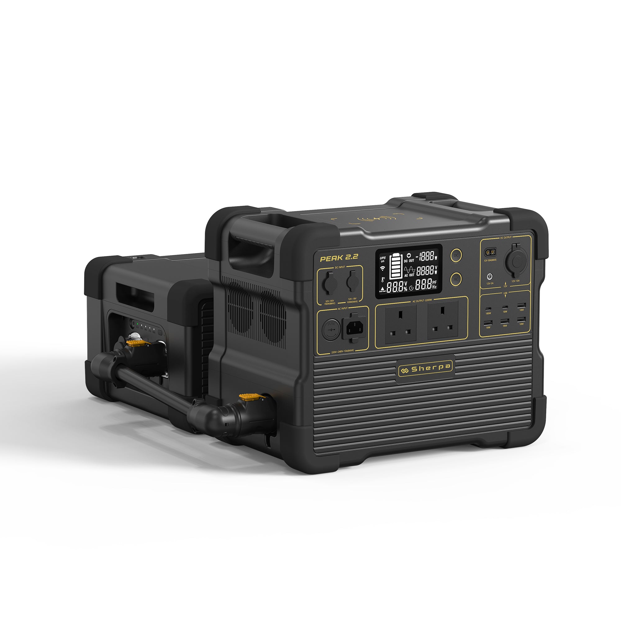 Front right shot of main host power unit in tandem with the extra battery module behind it, connected via the expansion cable