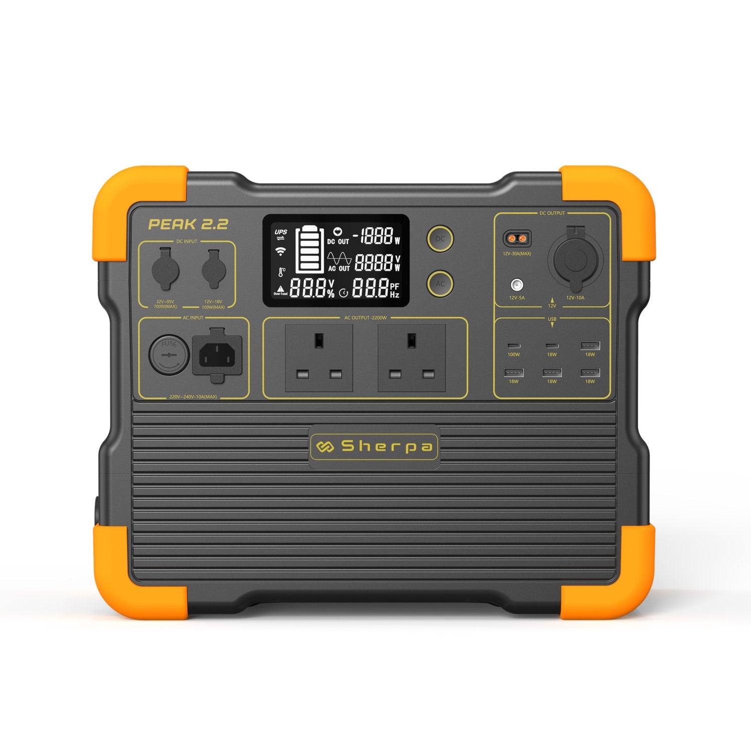 Front view of portable power station, featuring AC outputs, USB and DC outputs, solar and fused mains charging ports