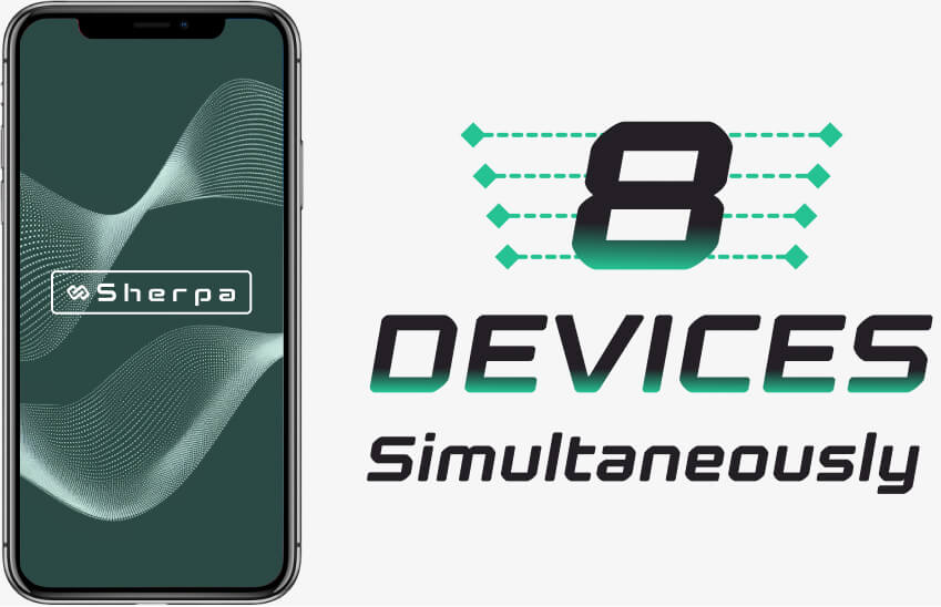 Mobile device pictured next to a heading to show 8 devices can be charged simultaneously
