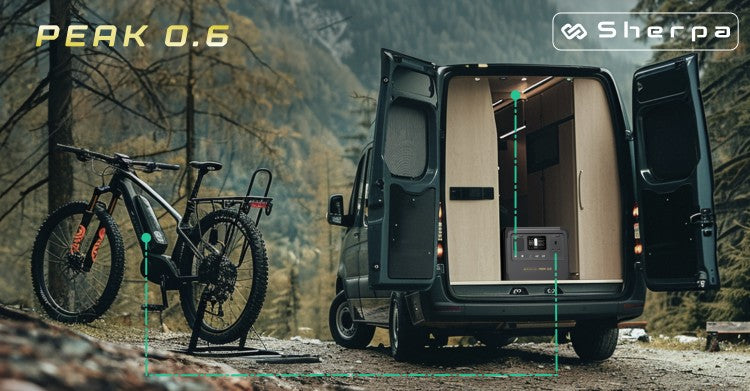 A converted camping van with a Sherpa PEAK 600W power pack in the back and an offroad e-bike in the foreground