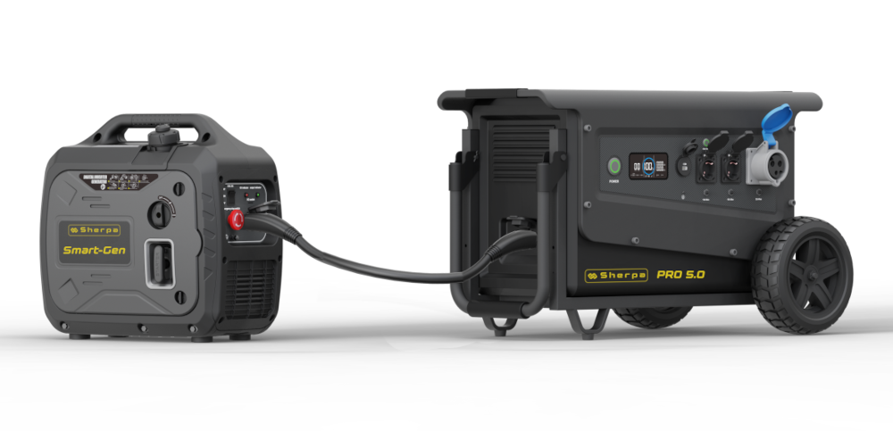 Smart petrol generator is pictured linked to the PRO 5.0 weatherproof power station