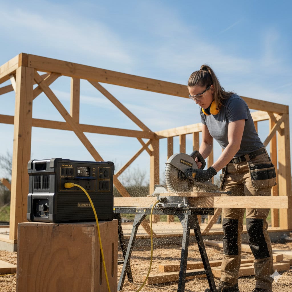 A female carpenter uses an electric chop saw to cut a pine joist outdoors to a timber structure backdrop