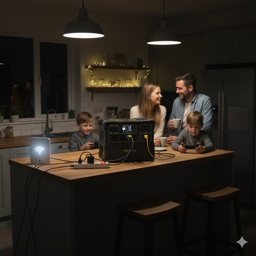 A family gather around the kitchen island with teas and gaming devices during a power cut