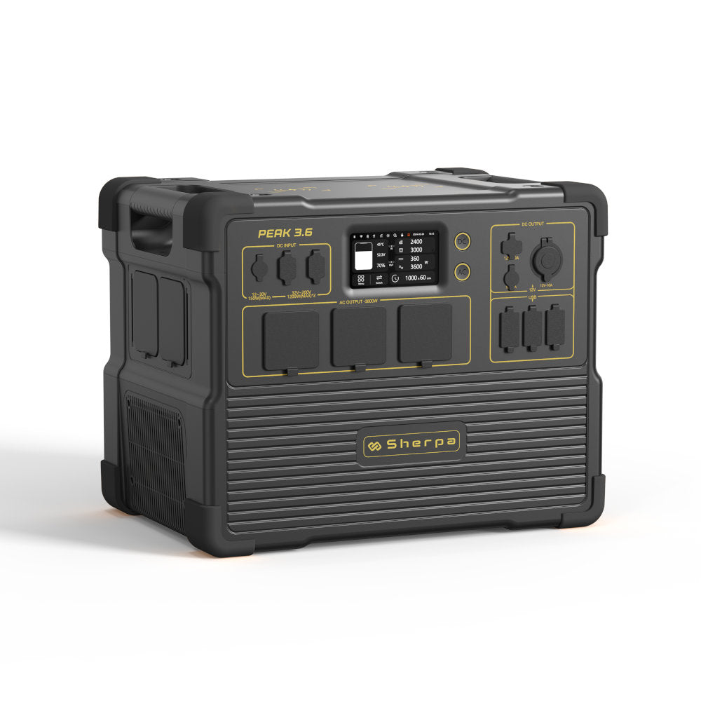 Black Sherpa power station on a white background with all output sockets and ports covered by protective flaps