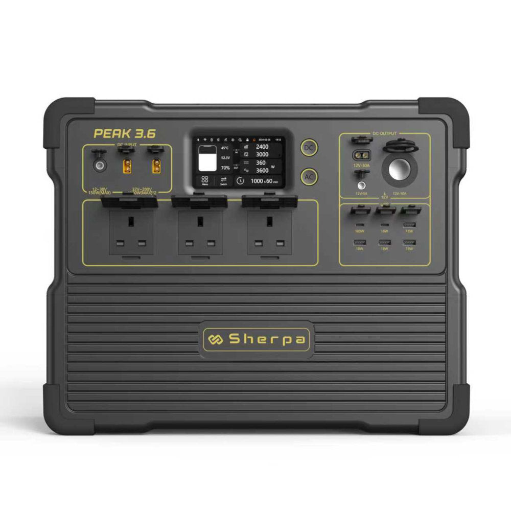 Front face view of the PEAK portable energy hub with touch screen and protective covers down