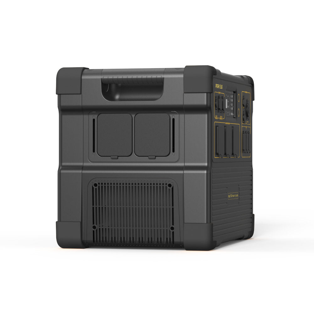 Black portable power station left side showing AC charge port and sync ports hidden by protective dustproof covers