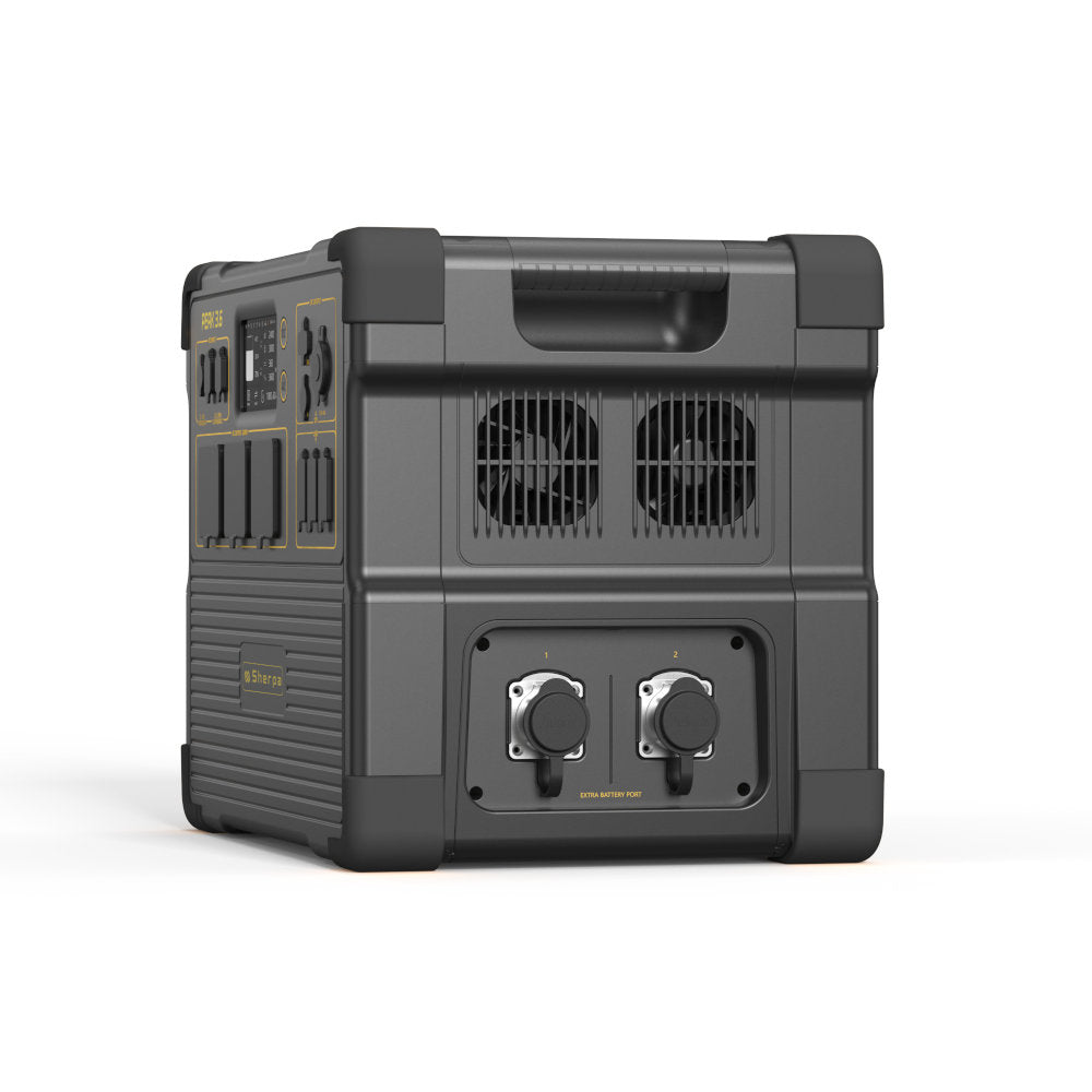 Portable power station left view showing fans and expansion ports on a white background