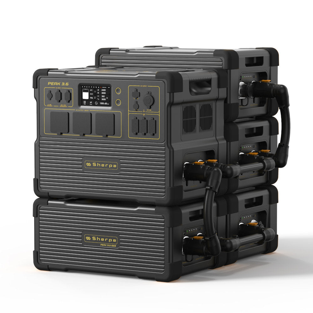 Right-perspective view of the PEAK 3.6 linked to four extra battery packs, demonstrating maximum capacity