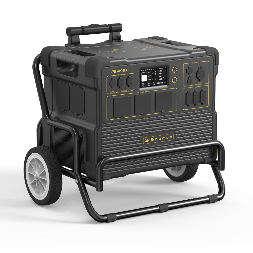 The PEAK 3.6 sitting in the official trolley accessory with the carry handle visible behind it