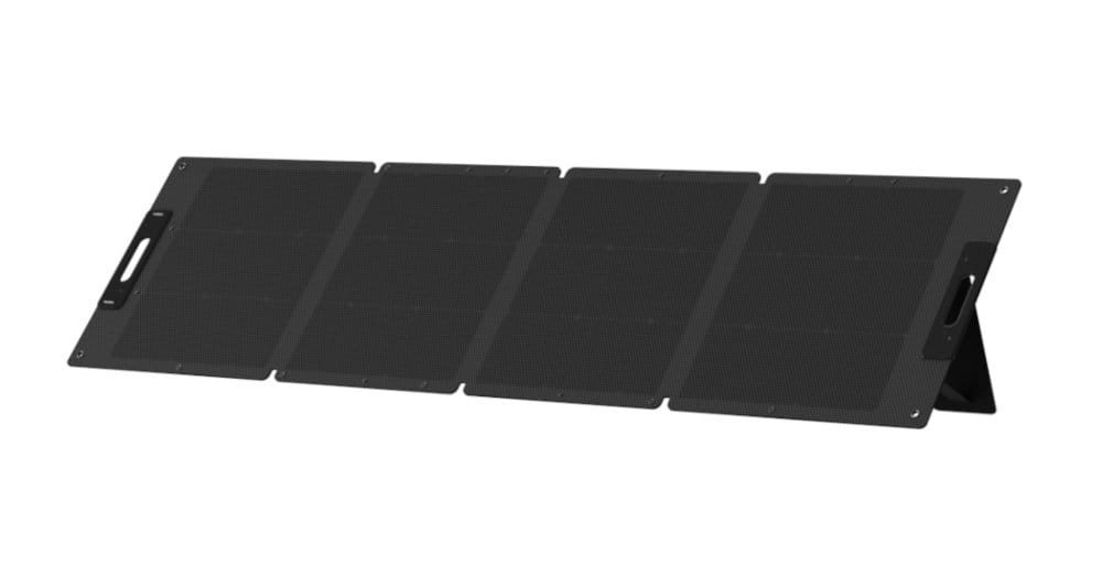 Black portable solar panel, cells and handles on a white background