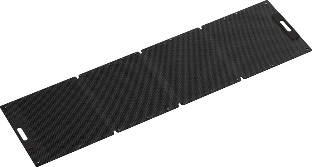 Black portable solar panel laid flat on a white background, detailing eyelets and handles