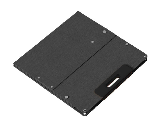 Rear view of folded portable solar panel, featuring slate grey fabric finish on white background