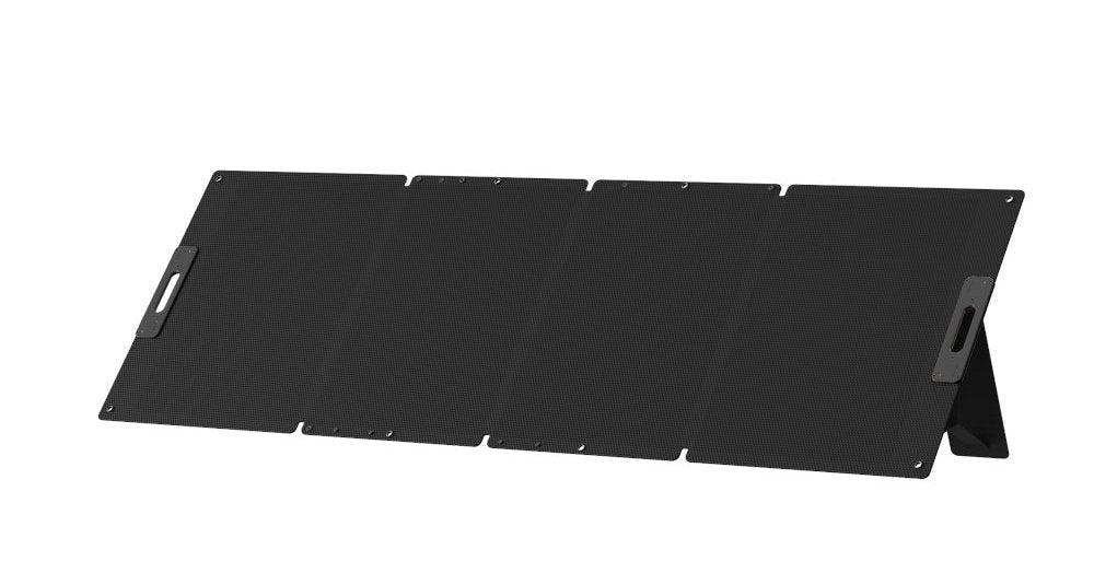 Front view of black portable solar panel cells and handles, stood on kickstands against a white background
