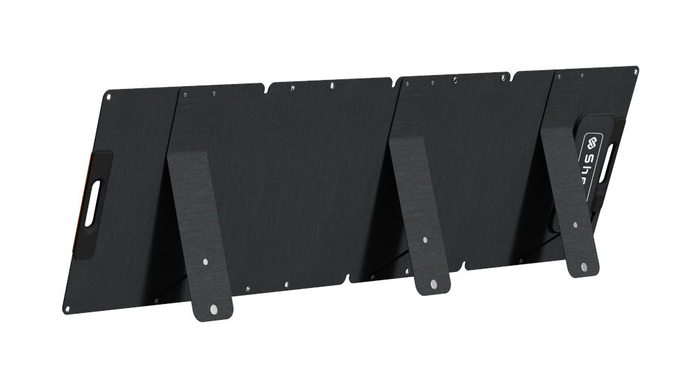 Rear of solar panel with brand logo on slate-grey fabric material, kickstands down, pictured against a white background