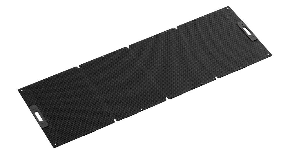 Black portable solar panel laid flat on a white background, detailing eyelets and handles