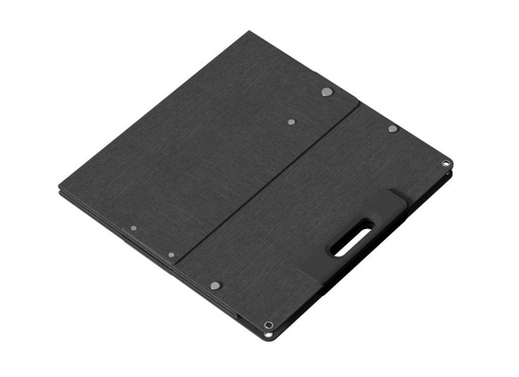 Rear view of folded portable solar panel, featuring slate-grey fabric finish on white background