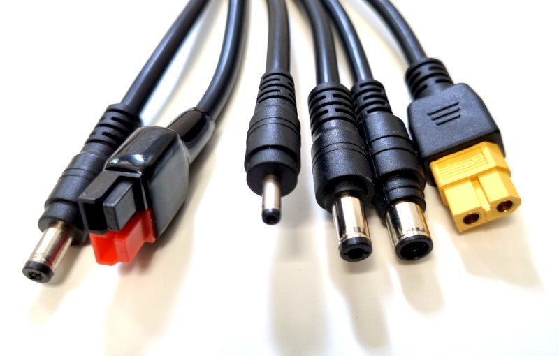 Close up of the 6 output connectors on the included adapter cable including Anderson and XT60
