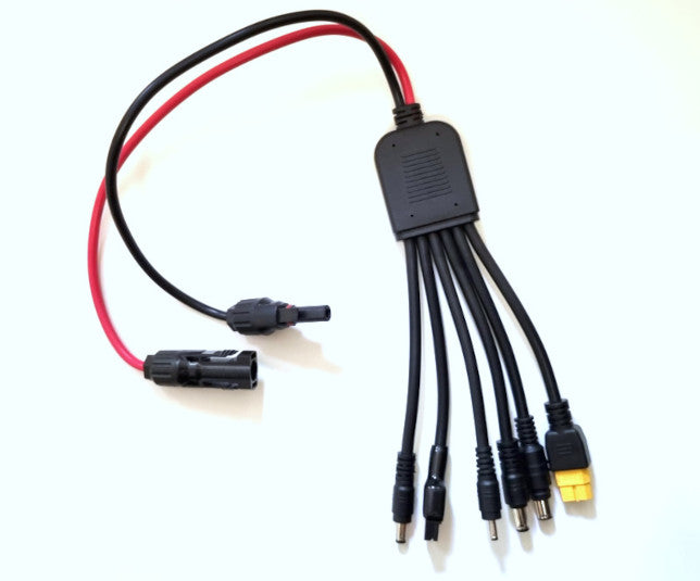 MC4 to 6-way adapter cable, featuring Anderson and XT60 connectors on white background