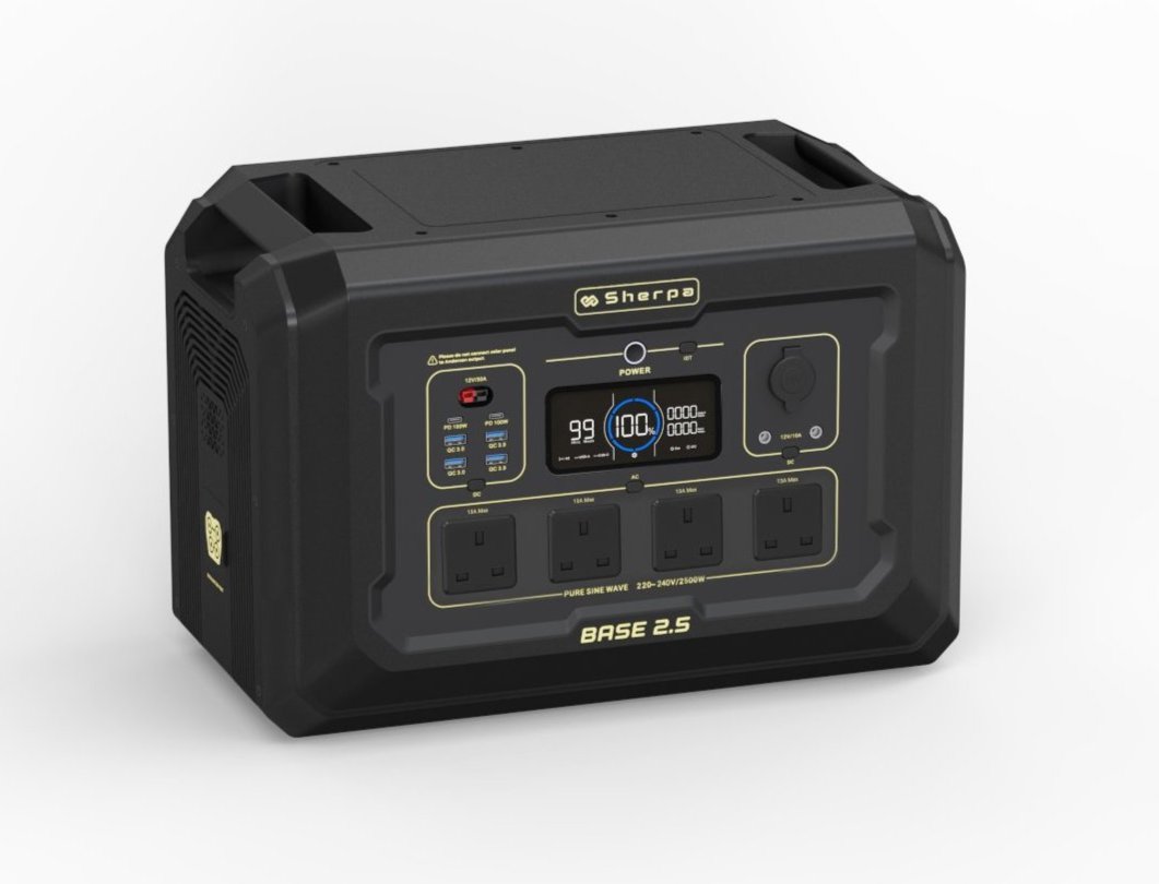 Top front shot of solar power storage generator in black and gold, featuring carry handles, output ports and LED display