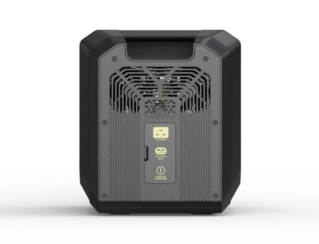 Left side shot of portable battery inverter, featuring cooling fan, mains AC, solar and car charge input ports 