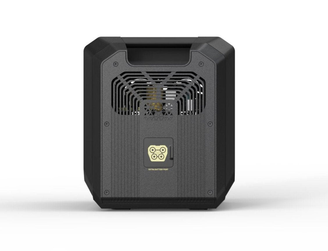 Right side shot of solar power storage generator, featuring expansion port for increasing energy storage