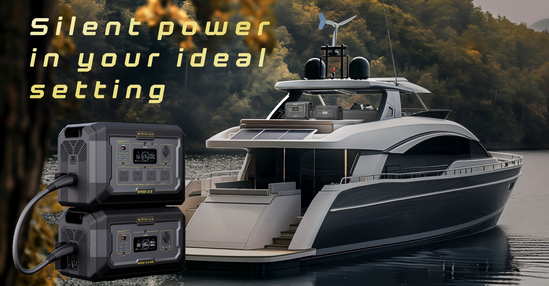 A luxury yacht sits on clam water, surrounded by trees. The Sherpa BASE 2.5 and Extra Battery feature in the foreground