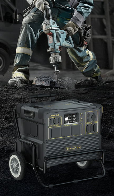 Person using a power drill with a Sherpa Power generator in the foreground