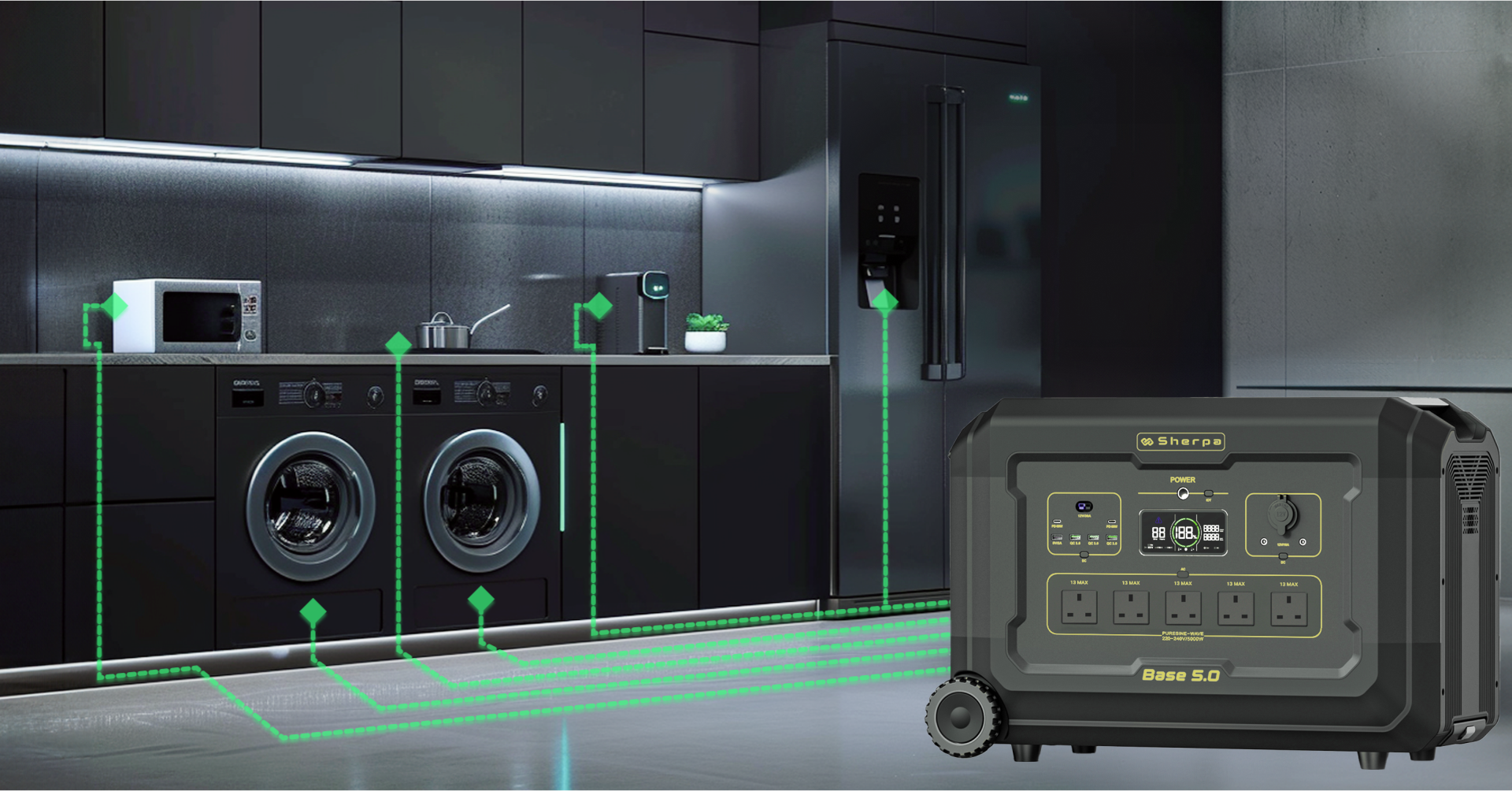 Portable power unit with glowing dotted lines coming from it, indicating power to kitchen appliances in the background