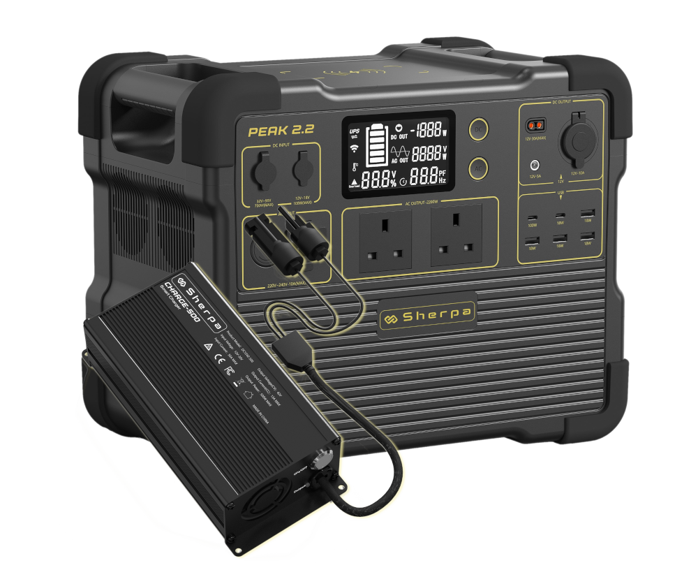 Sherpa PEAK 2.2 power station paired with the CHARGE 500W fast charger 