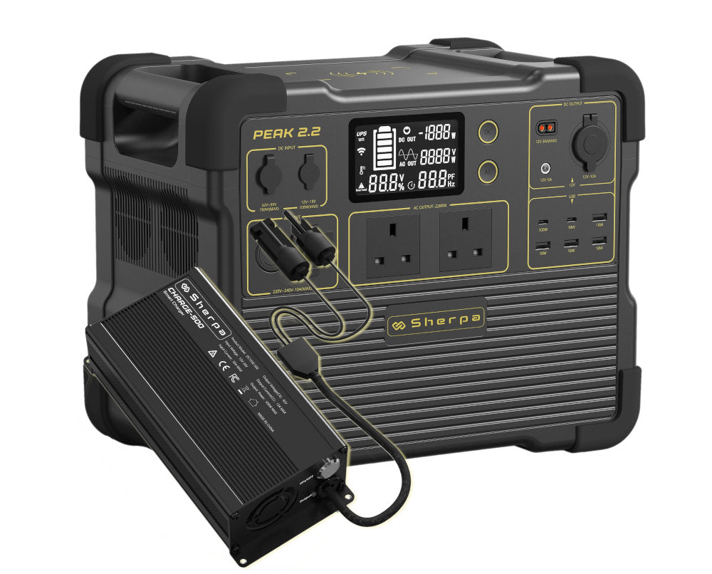 Sherpa PEAK 2.2 power station paired with the CHARGE 500W fast charger 