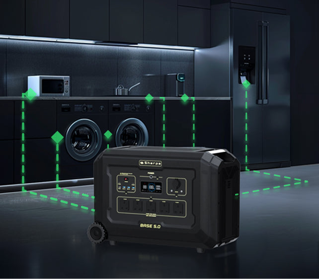 Black portable power station with green energy indicator lights in a dark kitchen setting