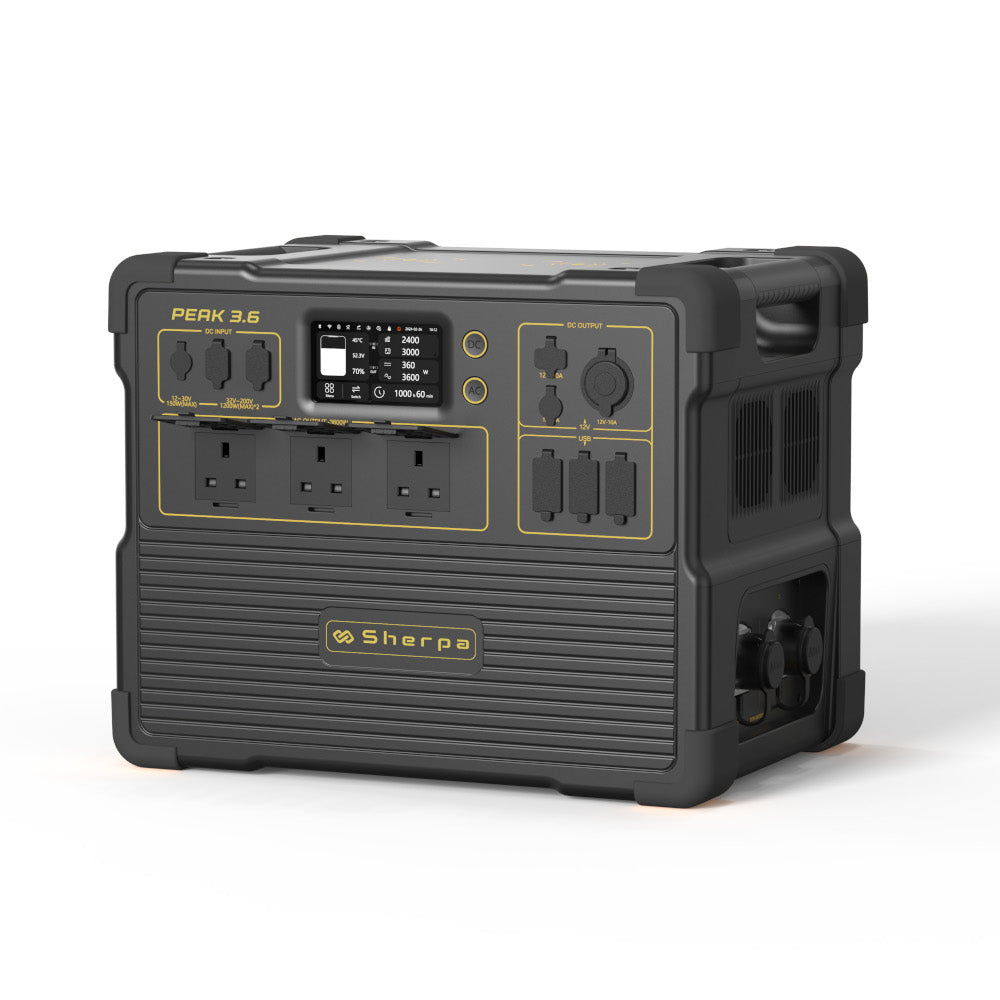 Black Sherpa Peak 3.6 power station on a white background with open protective flaps exposing mains output sockets
