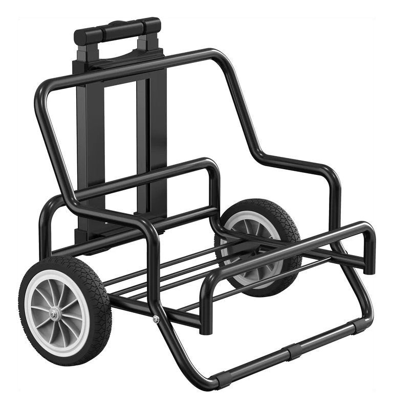 Black painted metal trolley with wheels on a white background
