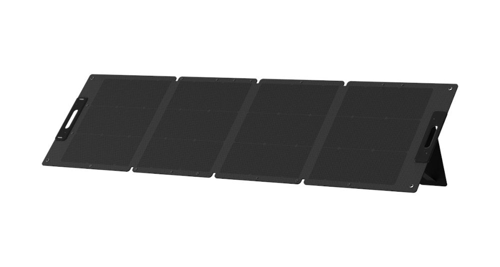 Black portable solar panel, cells and handles on a white background
